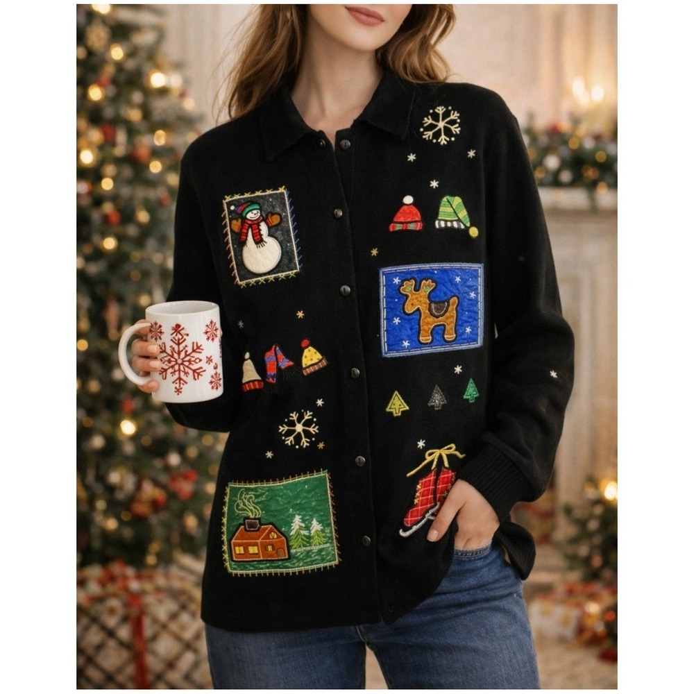 Planet Company Vintage Christmas‎ Cardigan Embroidered Holiday Sweater MEDIUM